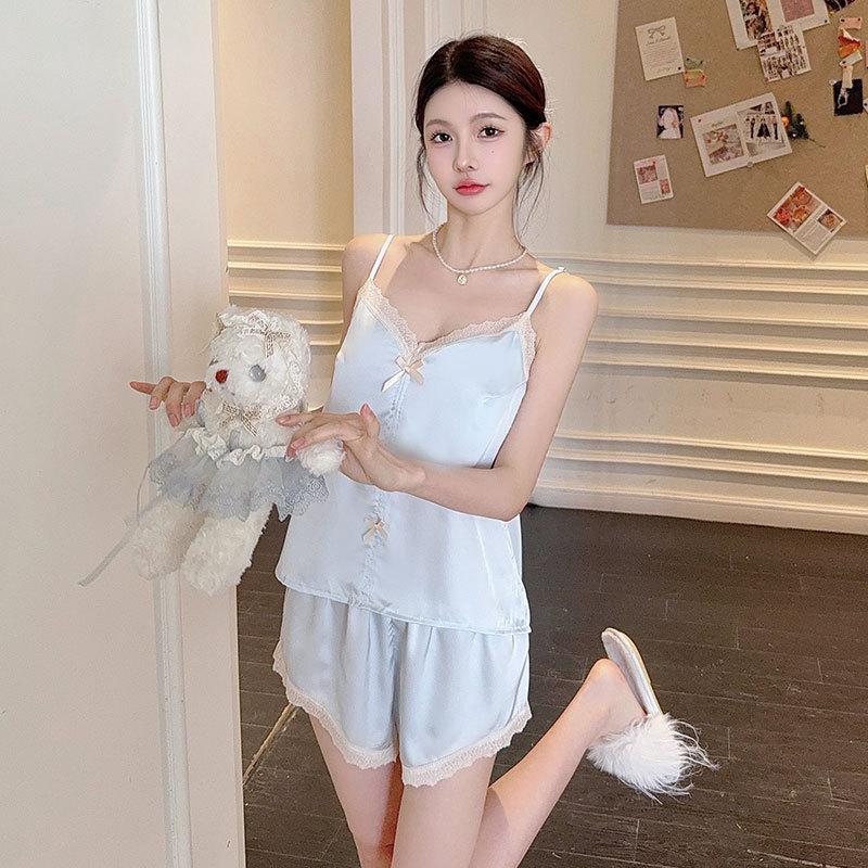 1011 New Ice Silk Pajama Set Women's Spring Summer Sexy Sweet Cute Suspender Shorts with Chest Pad Loungewear