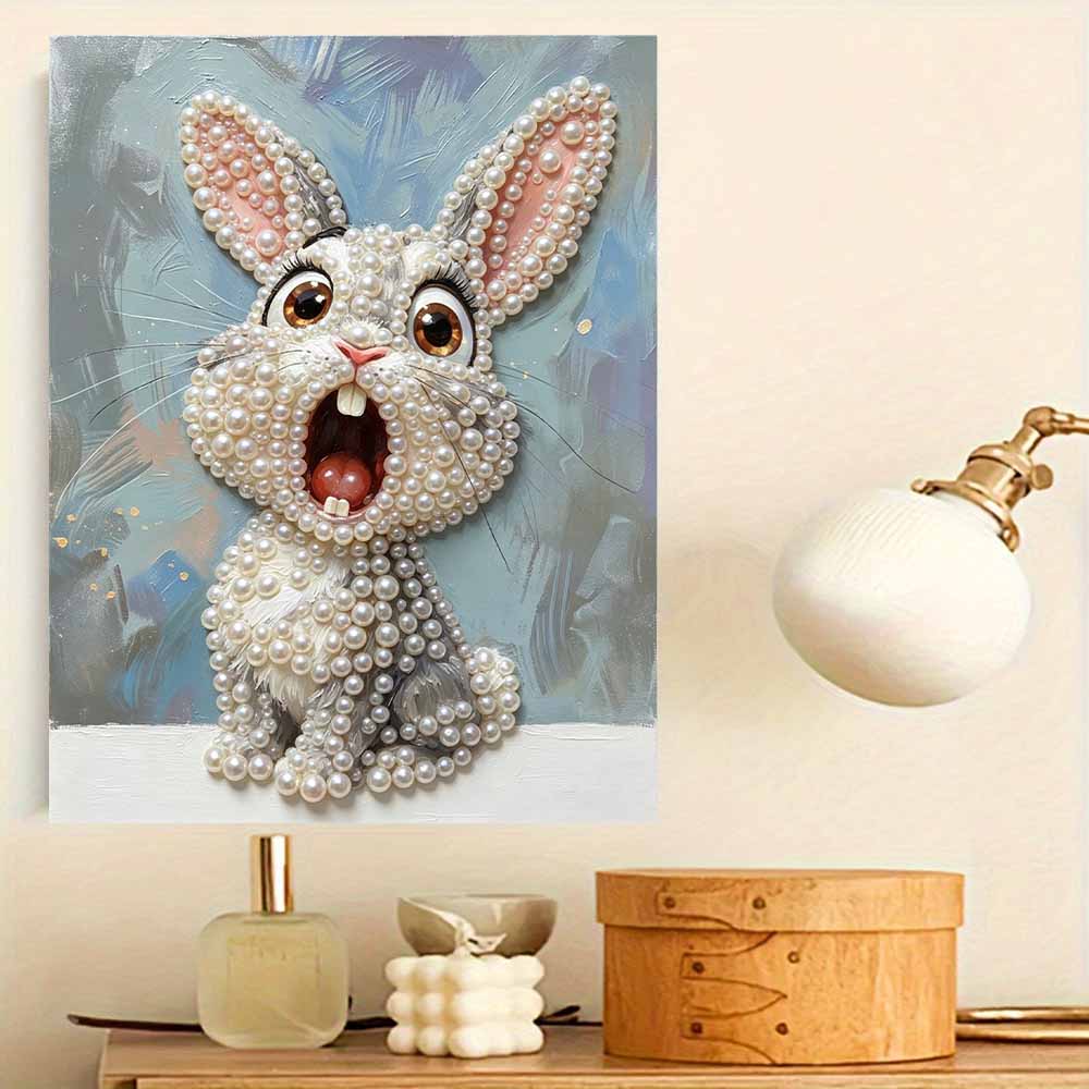 Pearl Painting DIY Kit Surprised Cute Rabbit Design Frameless Shiny Bead Canvas Creative Craft for Home Wall Decor Art Project Gift