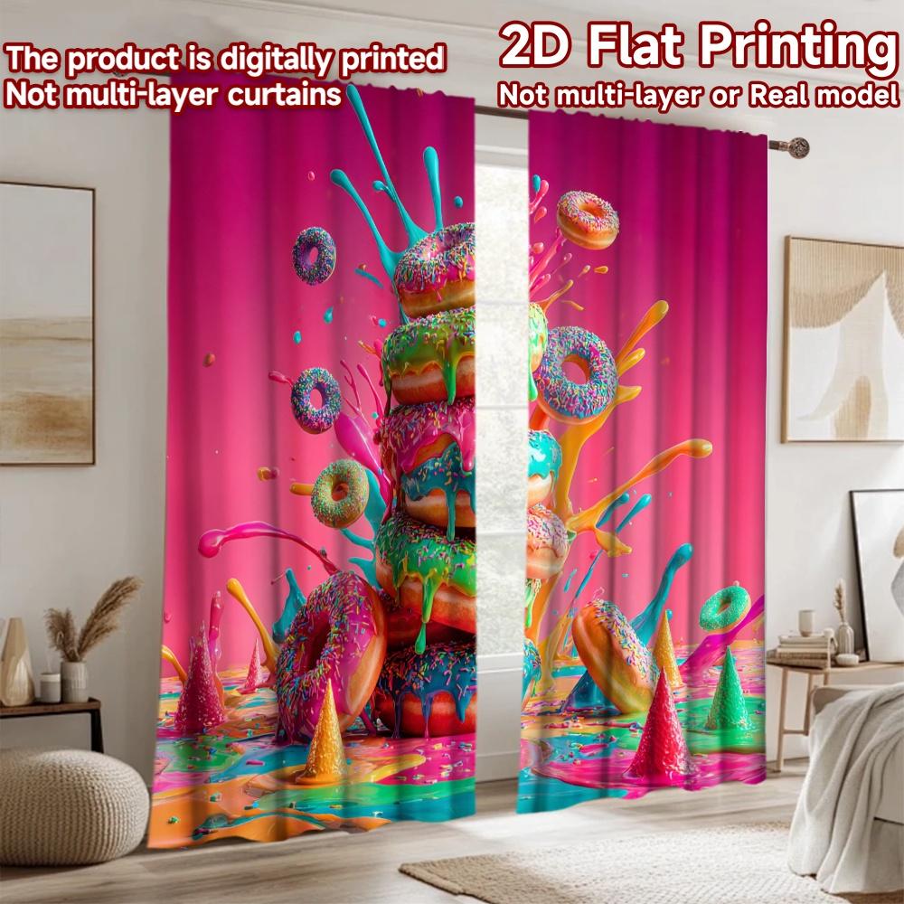 2D flat printing 2pcs Party Window Curtains Colorful Doughnut Splash Party Digital Printed Polyester Drapes Seasonal Party &