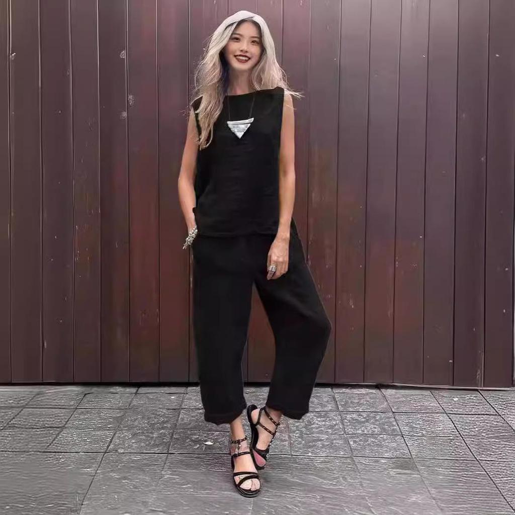 2024 Spring/Summer Cotton Linen Casual Two-Piece Set: Sleeveless Top & Loose Long Pants for Women