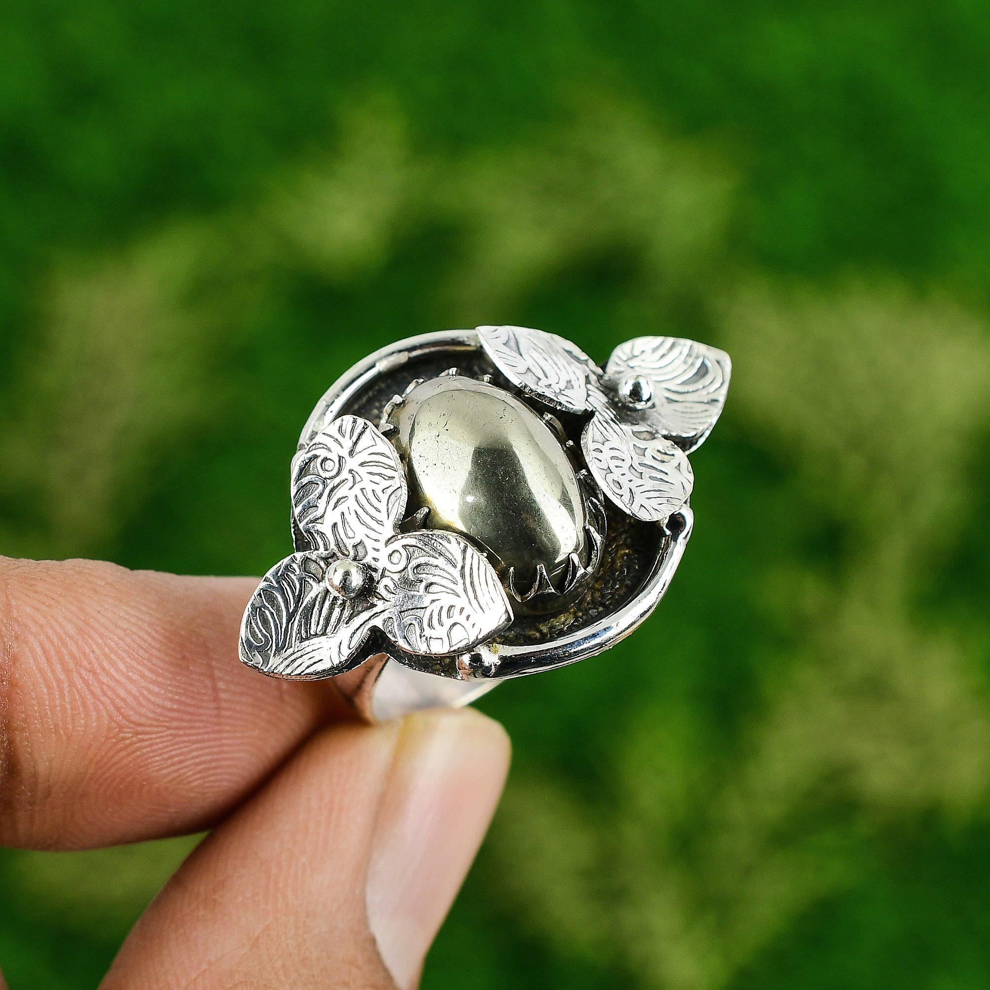 

Натуральный Пирит Драгоценный Камень Обещание Цветок Золотое Кольцо Размер 10.5 925 Стерлинговое Серебро 10.5