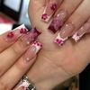 3D Pink Flower Leopard Print Detachable Wearable Nail Tips - European & American Design