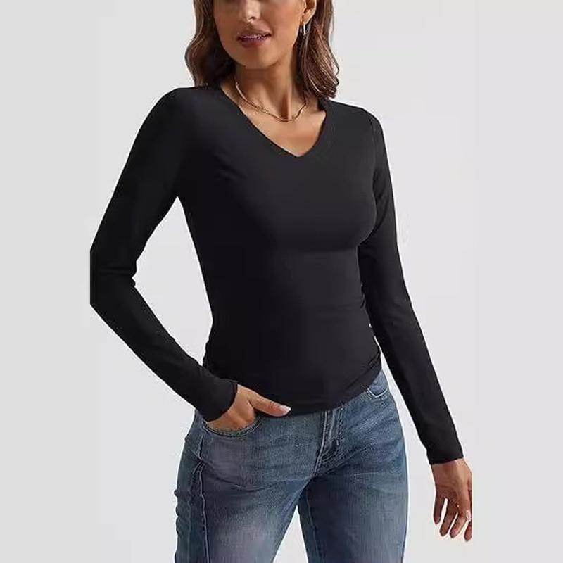 Women's V Neck Top Long Sleeve Slim Fit Basic Casual T Shirt