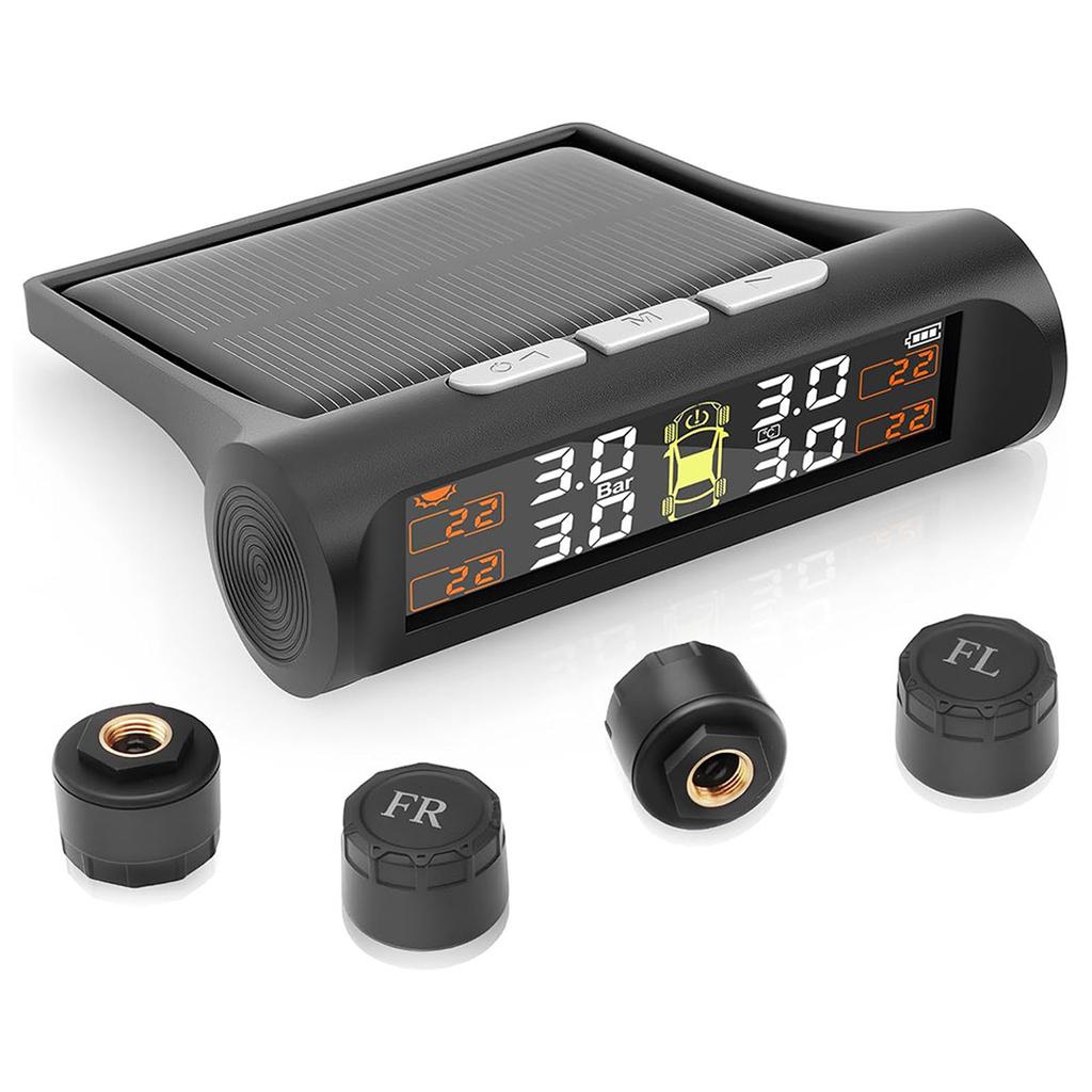 Tire Pressure Monitoring System Wireless Solar Powered with 4 External Sensors, Real-Time LCD Display, 6 Alarm Modes for RV Trailer Truck SUV