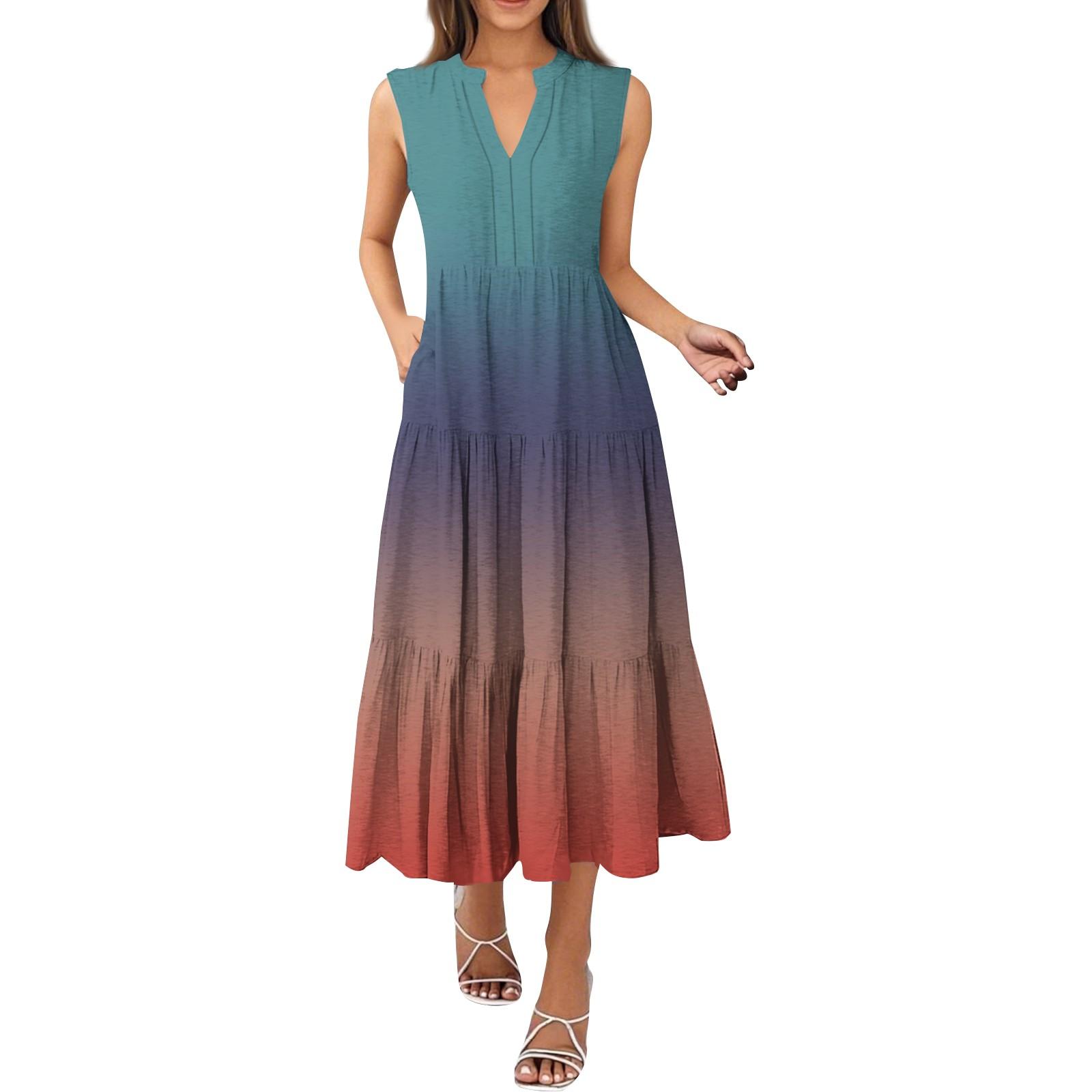 

Женские модные летние повседневные платья с V-образным вырезом без рукавов и градиентной складкой S оранжевый