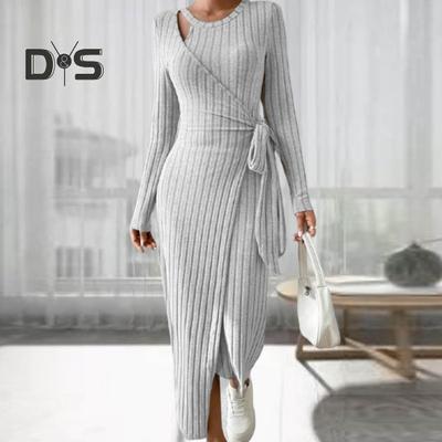 Damen-Kleid im Herbst und Winter, aushöhlen, gewickelt, mit Schnürung an der Taille, Rundhalsausschnitt, unregelmäßiger Saum, lange Ärmel, einfarbig, gestrickt, elastisch, gestreift, Damen-Maxikleid