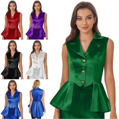 Womens Victorian Style Waistcoat Turn Down Collar Sleeveless Design Front Buttons Asymmetric Ruffle Hem Jacket Top