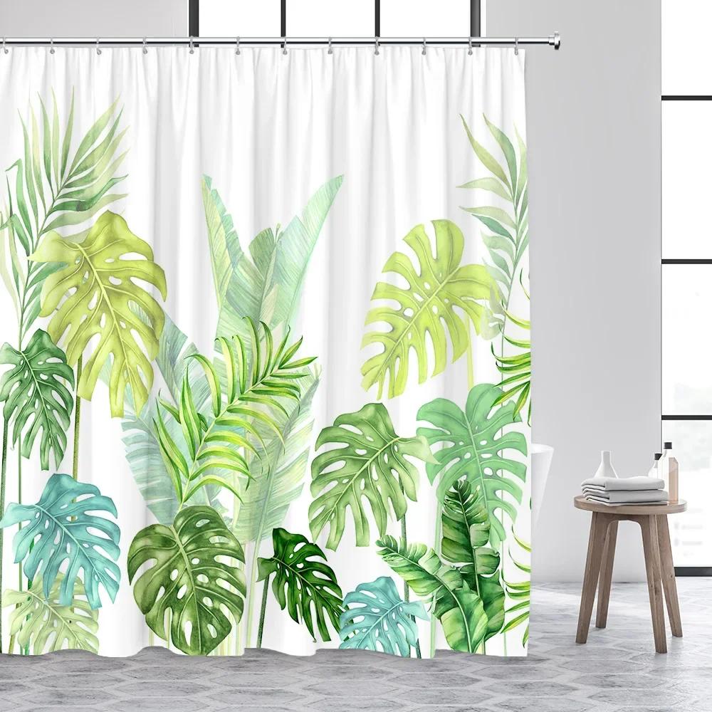 Tropical Plants Floral Shower Curtains Beige Green Palm Leaves Flowers Nordic Decor Bathroom Polyester Bath Curtain with Hooks