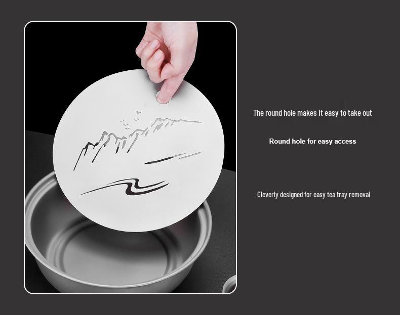 Pure Titanium Tea Tray: Mountain & Water Design, Large Capacity, Chaoshan Gongfu Tea Set, Round Base, Healthy Tea Ceremony Table.