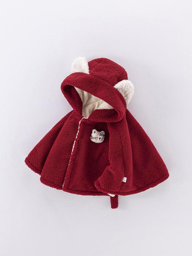 Dziecięcy Dziewczęcy Czerwony Zimowy Płaszcz Peleryna z Kapturem - Podszyty Polarem, Wiatroodporny