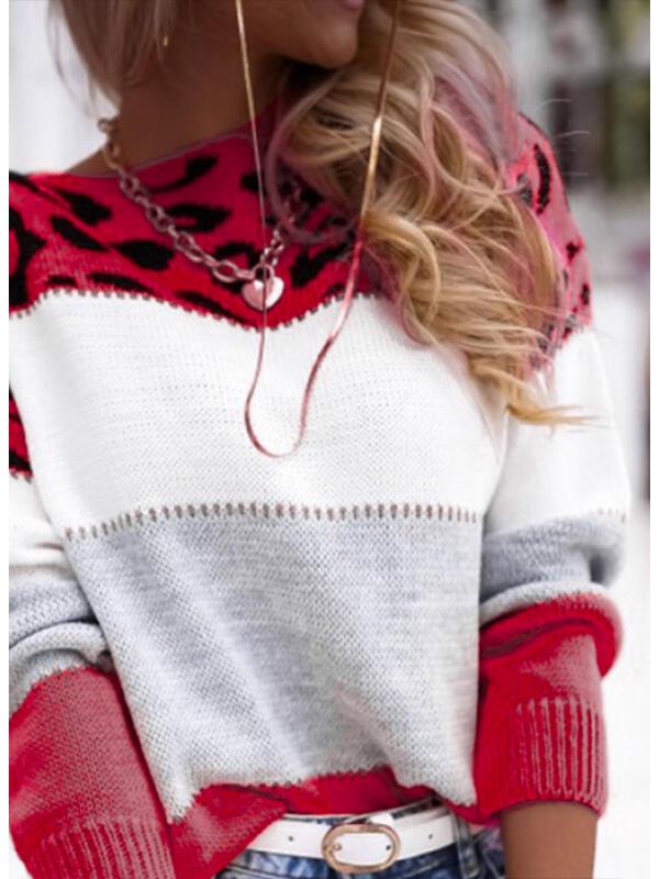 Women's Color Block Leopard Print Pullover: Long-Sleeved Casual Sweater for Autumn & Spring
