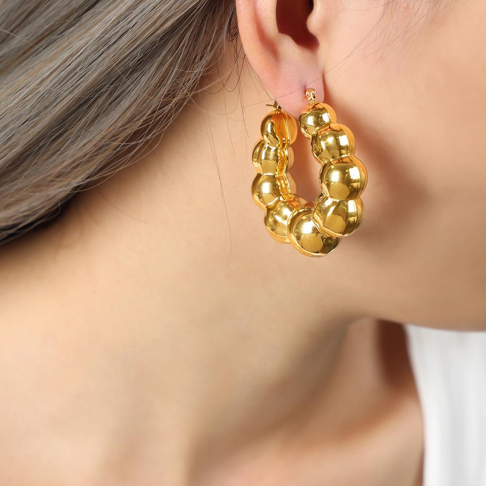 Textured Gold-Plated Titanium Steel U-Shaped Earrings with Steel Ball Design