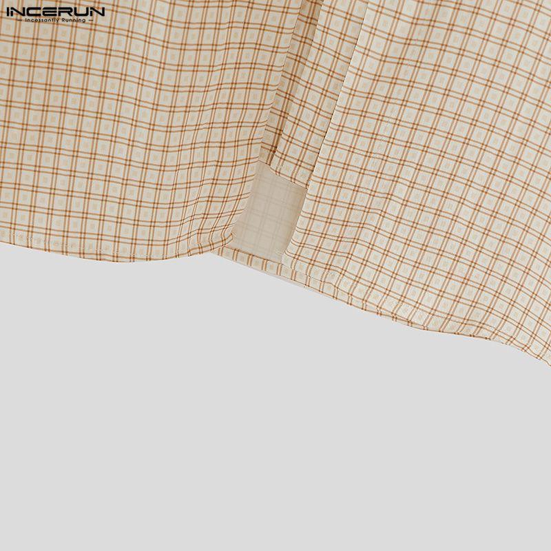 INCERUN Oversized Men Lapel Neck Long Sleeve Buttons Double Layers Casual Plaid Shirts