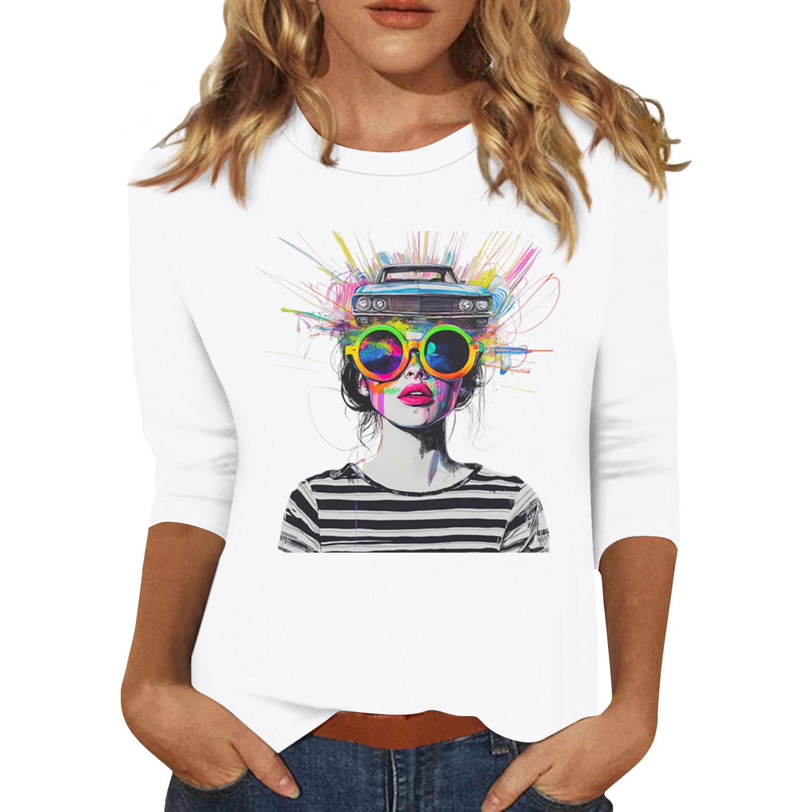 

Женская мода повседневная три четверти рукава с принтом персонажей круглый вырез пуловер топ XL белый