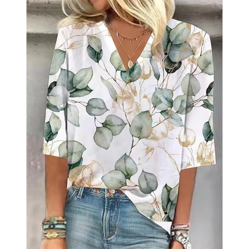 Summer New Women T-shirt Floral 3d Print Tshirt Women Fashion V-Neck Short Sleeve Oversized Tops Tee Female Clothes Harajuku Y2k