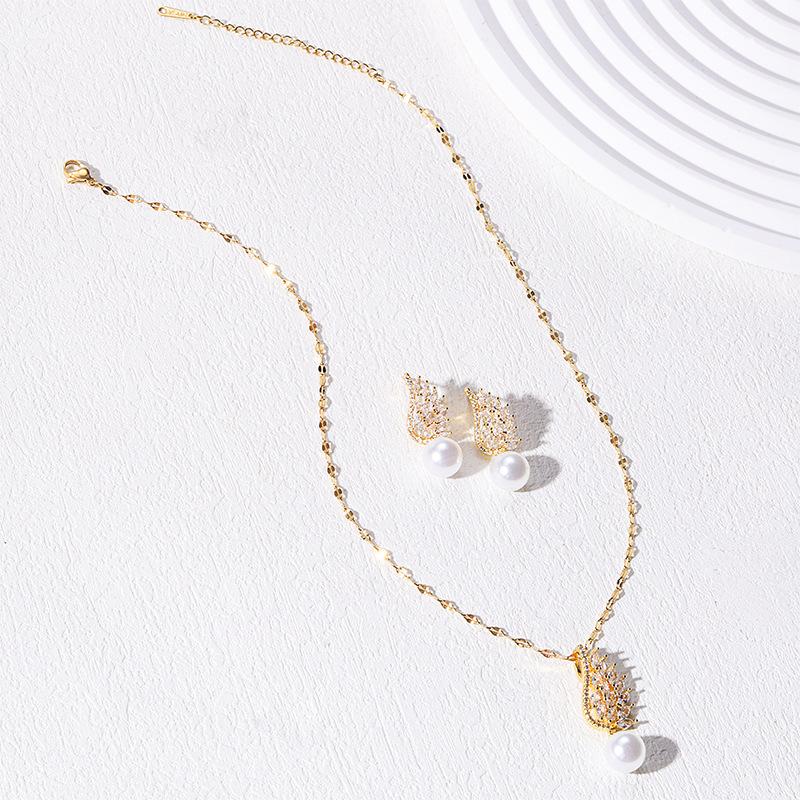 Full Diamond Feather Necklace Women'S Light Luxury Simple Ol Zircon Pearl Wing Set