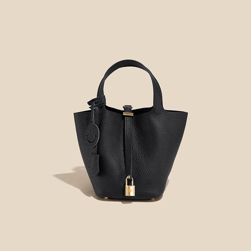 2024 kvinners ekte skinn Litchi-mønster bøtteveske - høst/vinter grønnsakskurv håndveske