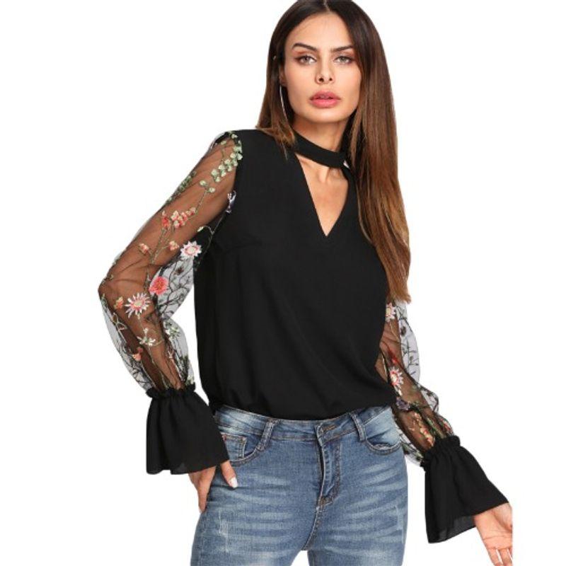 

European Station Spring & Fall New Product Work Clothing Ol Hollow out V-neck Black Embroider Mesh Flare Long Sleeve Shirt Top Shirt Black XL