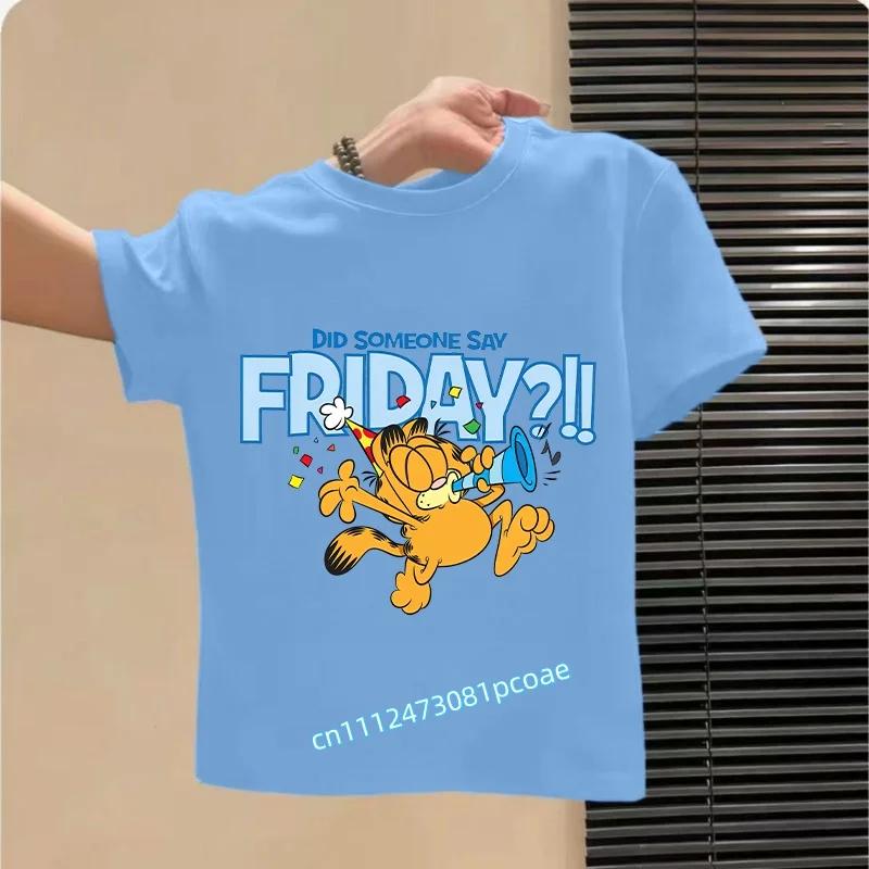 boys' sports shirt, girls' casual top with cartoon print, summer T-shirt Garfield's new children's pure polyester short-sleeved