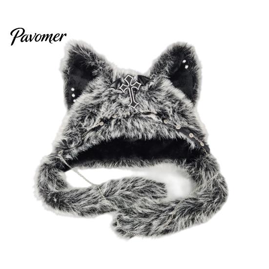Unique Cosplay Accessories Cute Plush Animal Hat, Furry Cat Ear Headwear, Winter Halloween Party Costume Hat Soft Warm Cap for Costume, Funny