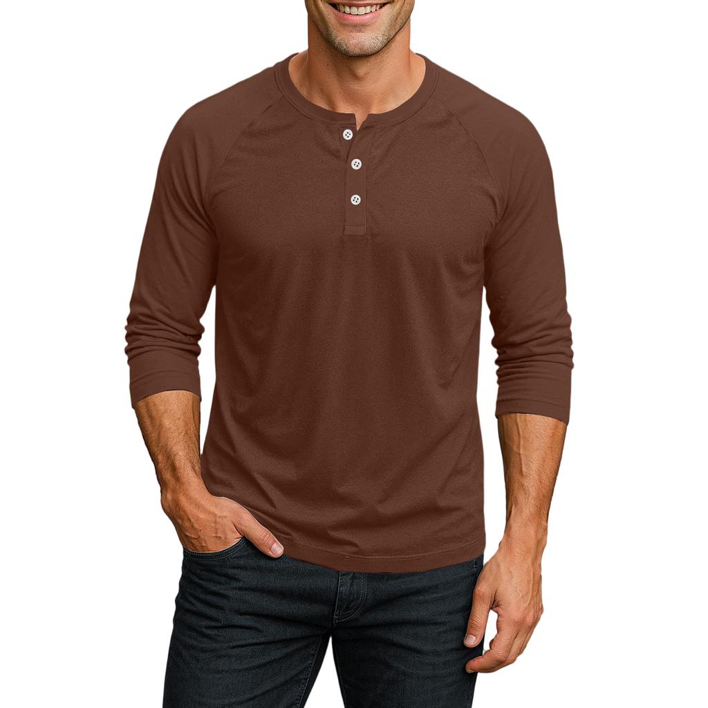 Men's Henley Neck Raglan Sleeve Three Quarter Length Shirt Button Placket Casual Lightweight Soft Fabric Top
