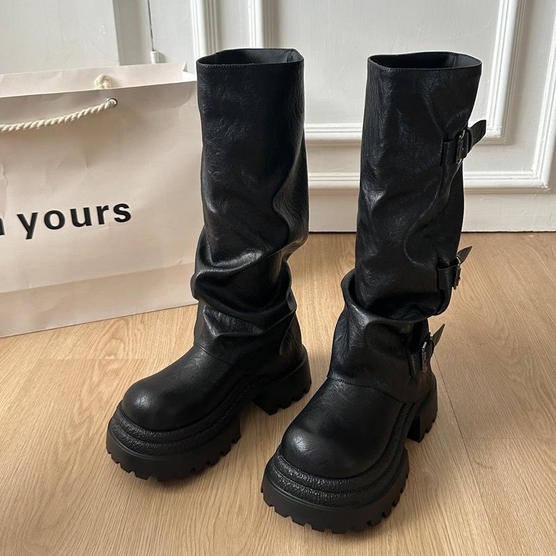 

Retro pleated stacked boots women s 2025 new autumn and winter thick heel thick-soled tall boots small height-increasing knight boots 35 чёрный