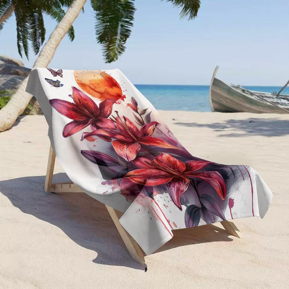 Artistic Red Lily Beach Towel, Watercolor Floral with Sunset & Butterfly Print Bath Towel, Stylish Botanical Beach Blanket 1pcs