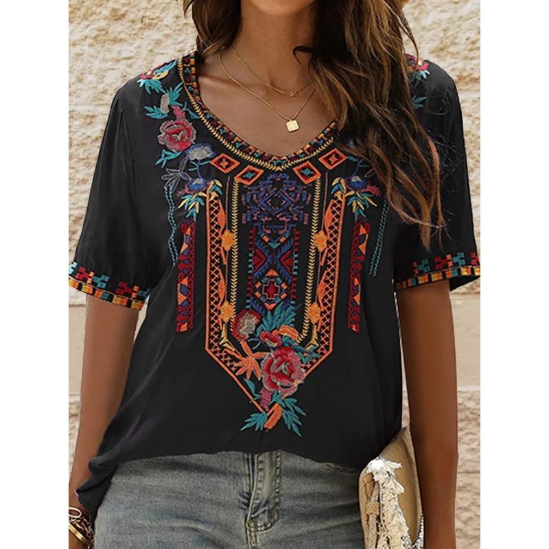 Summer V-neck 3D Retro Ethnic Style Printed Top Fashionable Casual Short Sleeved Women's T-shirts