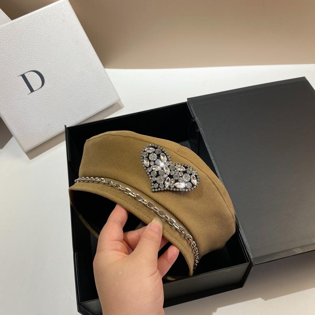 Autumn and Winter Thick Starry Sky Beret Fashion High Quality Light Luxury Love Rhinestone Octagonal Hat Chain Painter Hat