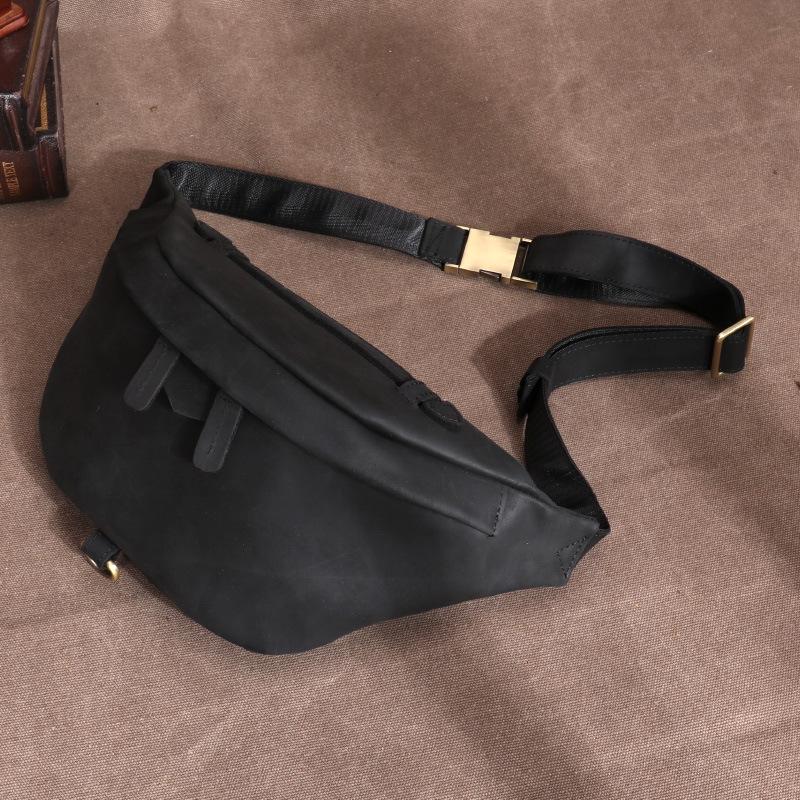 Crazy Horse Leather Men's Bag Waist Bag, Multi Functional Large Capacity Outdoor Sports Leather Phone Bag, Genuine Leather Cross Chest Bag