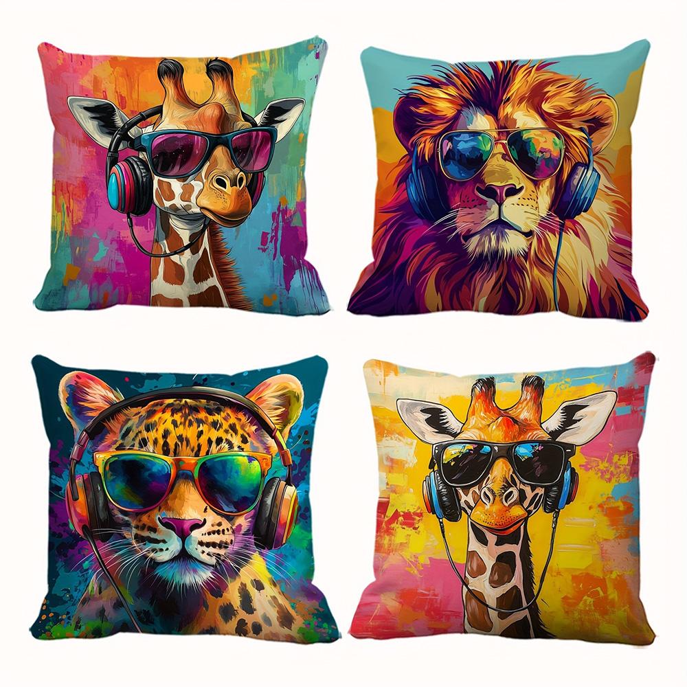 Adorable Animal-Print Pillows with Sunglasses and Headphones: Giraffe, Lion, and Leopard Designs! Sofa Cushion Cover