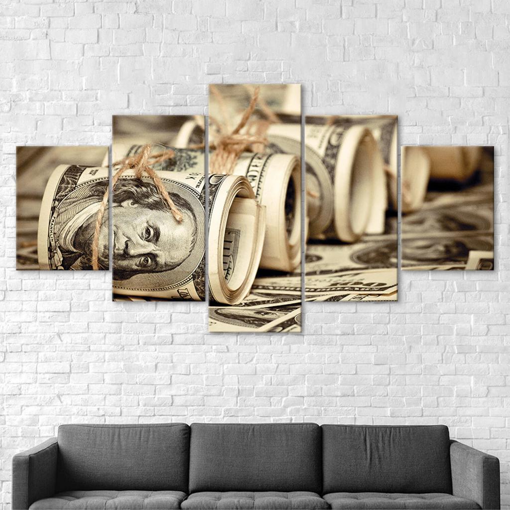Dollar Bills Benjamin's Money Rolls Fiat Currency 5 Piece Five Panel Wall Canvas Print Modern Art Poster Picture Home Decor Gift For Him Her