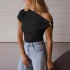 Women T-shirt Soft Stretchy Regular Fit Sloping Shoulder Short Sleeve Pullover Tops with Metal Design Party Vacation Casual Wear