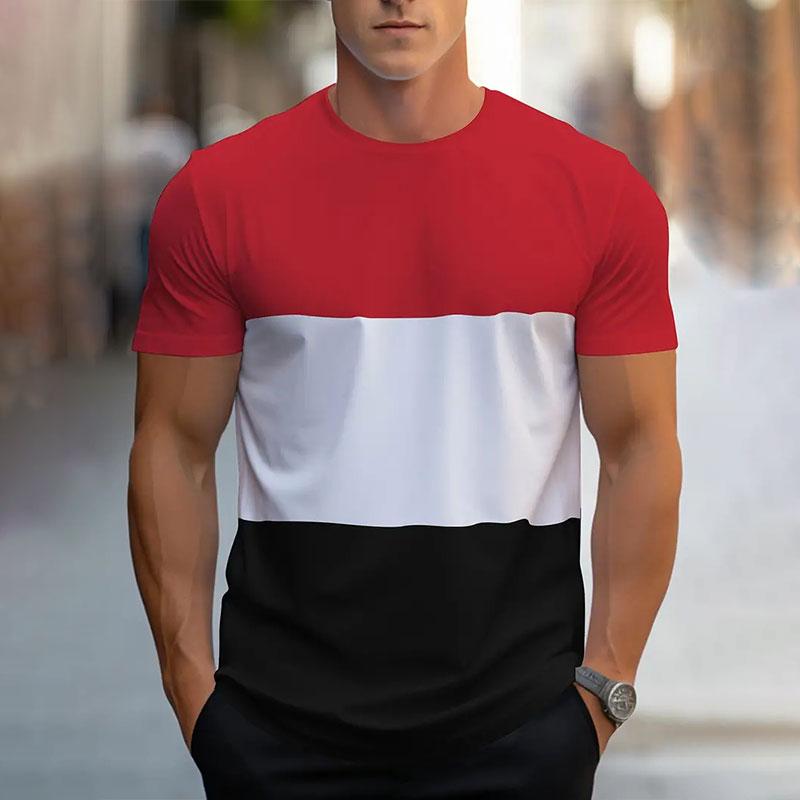 2024 Summer New Fashion Splicing Printed Short-sleeved T-shirt Men's Round Neck Loose Breathable Tops Sports Fitness T-shirt
