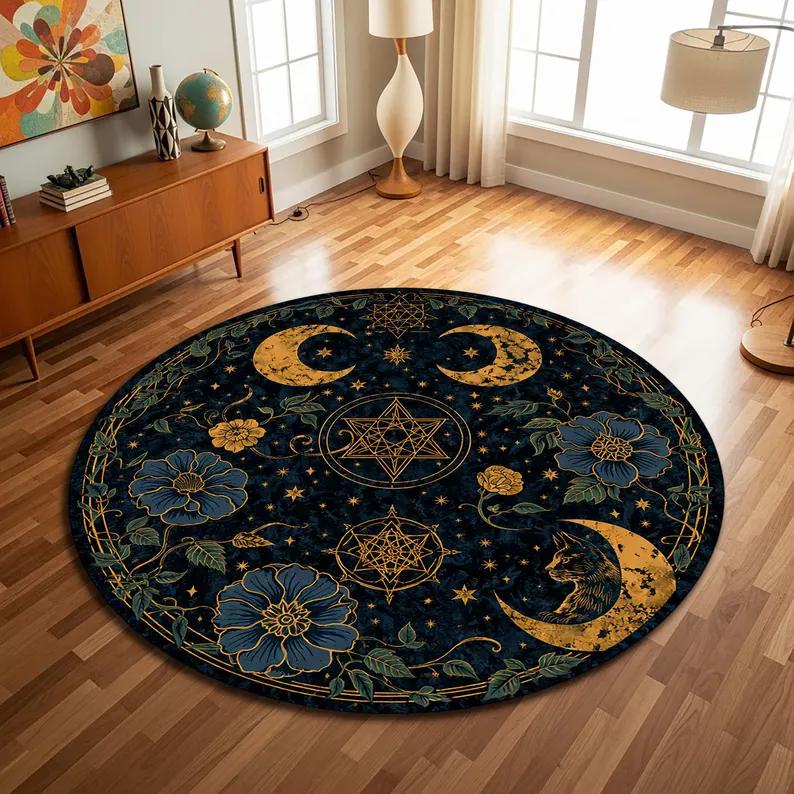 Celestial Rug Deep Blue  Gold Moon and Stars Round Rug, Washable Cosmic Carpet Office Garden Patio Indoor Yoga Mat for Reading