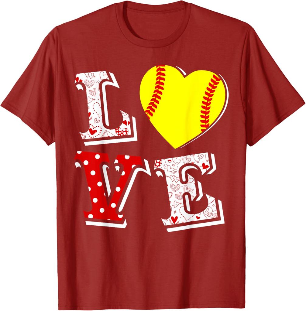 Softball Love Heart Valentine Day Graphic Tee Breathable Cotton T-Shirt for Women Men