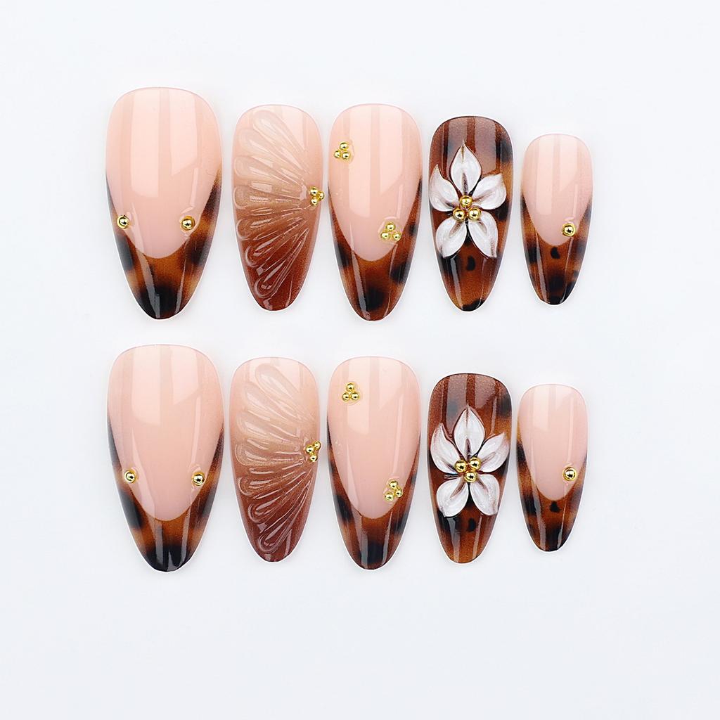 French Tip False Nail Fall Flower Engraved Print ABS Long Lasting for Special Occasion Comfortable Wear