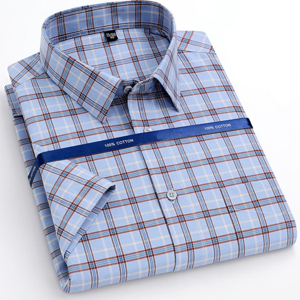 Men's Shirt Short Sleeved Spring Autumn 100% Cotton Shirts Comfortable Breathable Business Casual Stripe Color 38-53