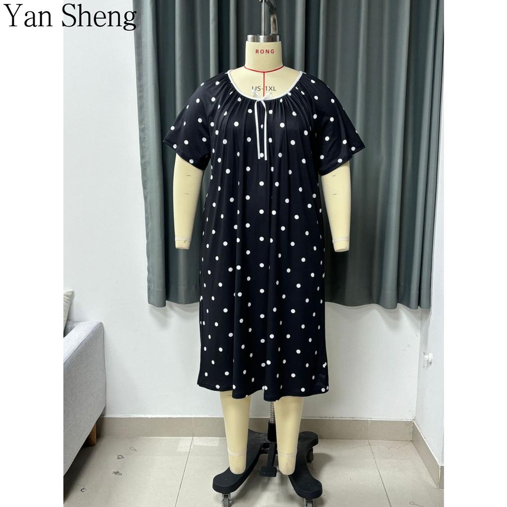 Women Nightgown Summer Polka Dot Print Milk‑Silk Loose Plus Size Long Robe Home Loungewear For Sleep
