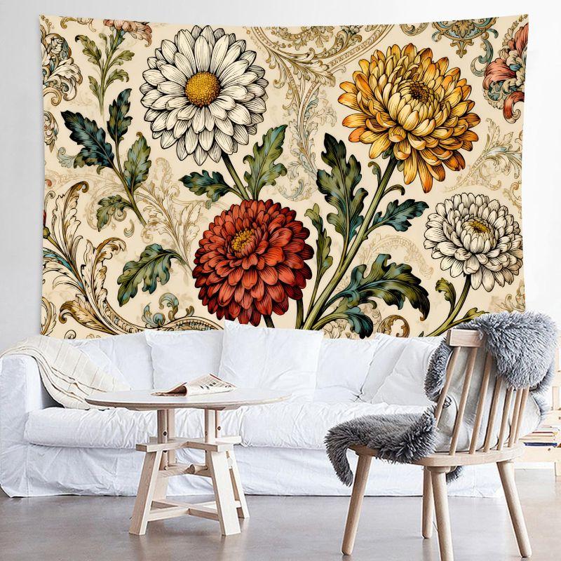 Retro Daisy Chrysanthemum Tapestry, Baroque Flower Wall Hanging, Vintage Botanical Wall Decor for Bedroom Living Room