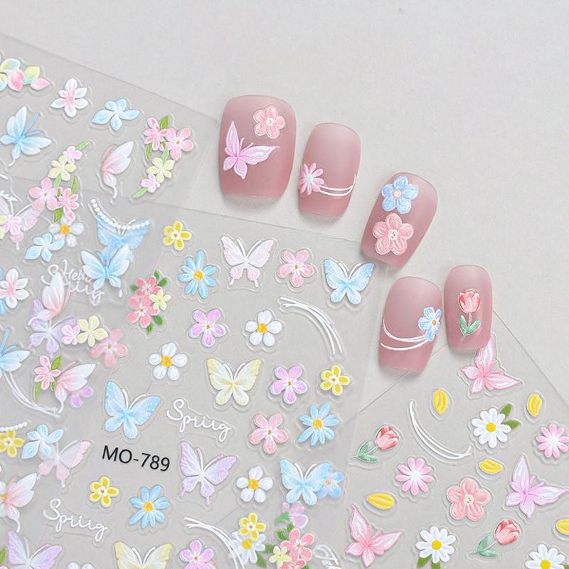 Dopamine Spring Flowers Butterfly Small Flowers Tulip Relief 3D Nail Stickers Decoration Colorful Bow Butterfly Manicure Sliders