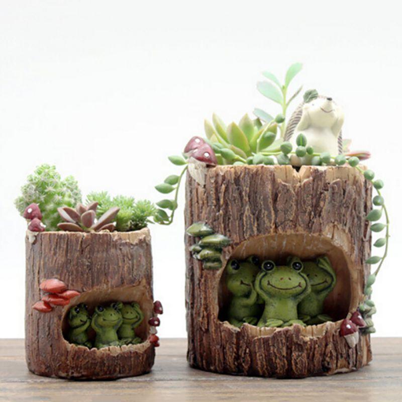 Cute Succulent Pots Pot Animal Planter Plants with Drainage Hole Tree Stump Pen Holder Garden Home Desktop Decoration