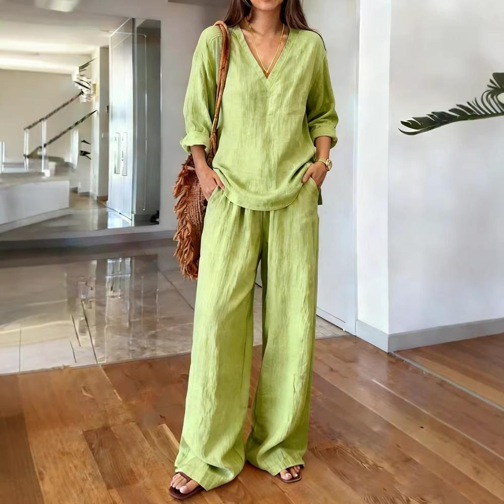 New Women's Clothing, Casual V-neck Pullover, Long Sleeves and Trousers, Multi-color Women's Suit.