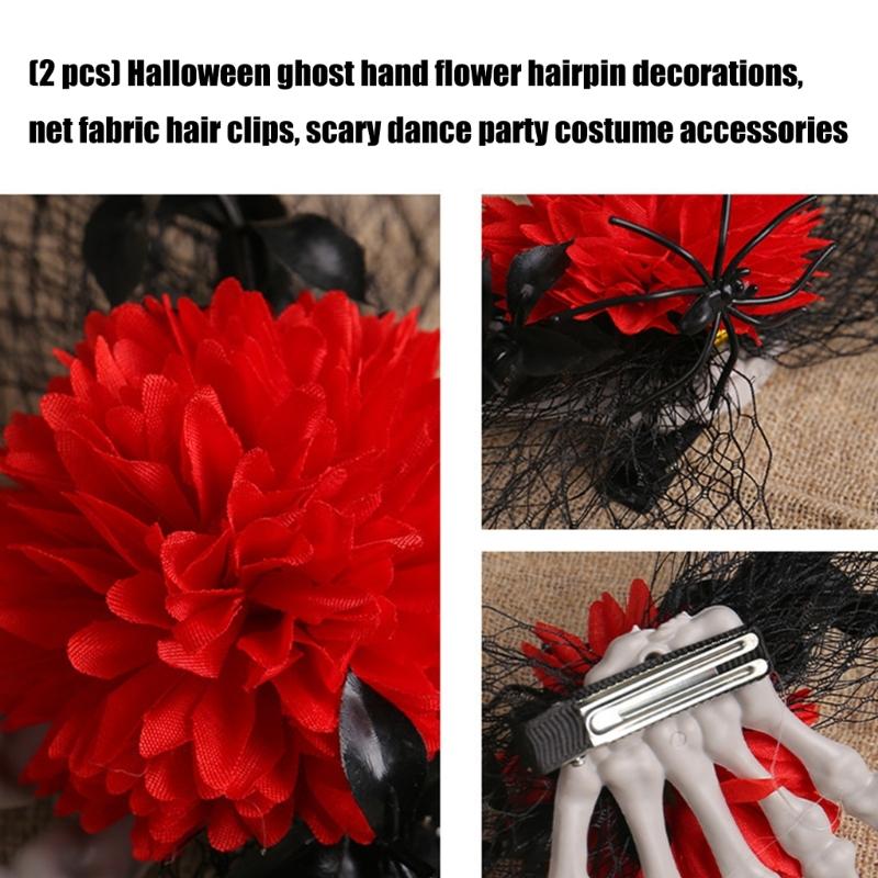 2pcs Halloween Scary Skeleton Hand Floral Hair Clip Hair Barrettes For Women Party Costume Accessory With Mesh Design