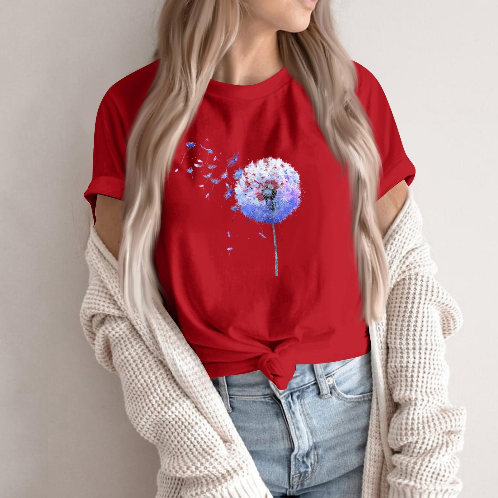 

Women s Fashion Casual Printed Round Neck Short Sleeved Pullover T-Shirt Top S червоний