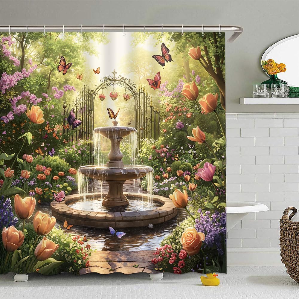 Spring Garden Shower Curtain Fantasy Forest Flower Butterfly Elegant Tulip Floral Romantic Nature Scenery Wonderland Bathroom