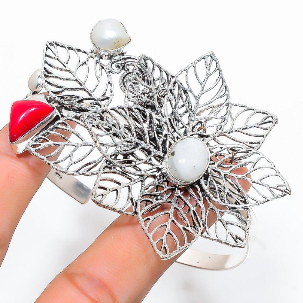 Rainbow Moonstone, Coral Gemstone 925 Sterling Silver Cuff Bangle Adj.