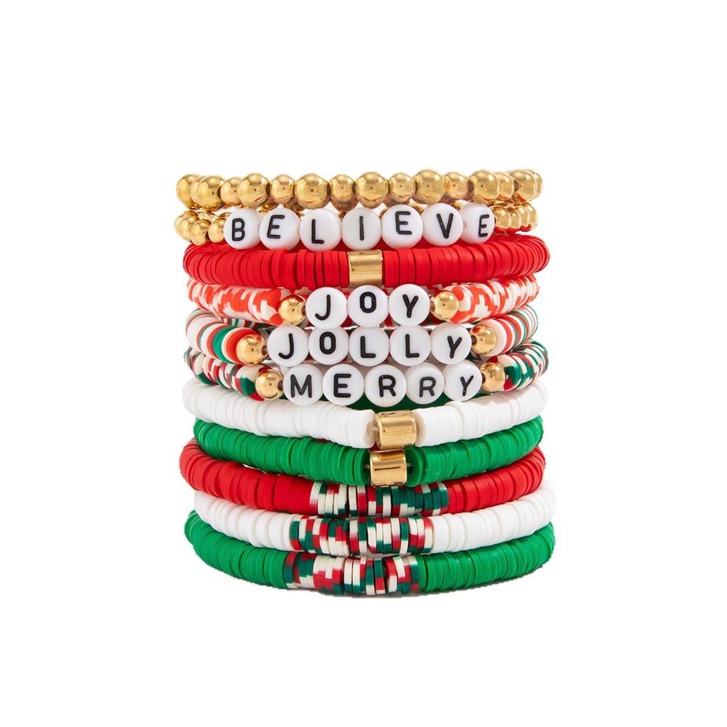 Christmas Contrasting Soft Pottery Letter Elastic Bracelet, Creative Festive Colored Beaded Hand Jewelry