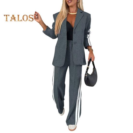 

Комплект из 2 предметов: пальто и брюки для леди, однобортный пиджак с отложным воротником, свободные полосатые широкие брюки, повседневная одежда для поездок на работу L темно-серого