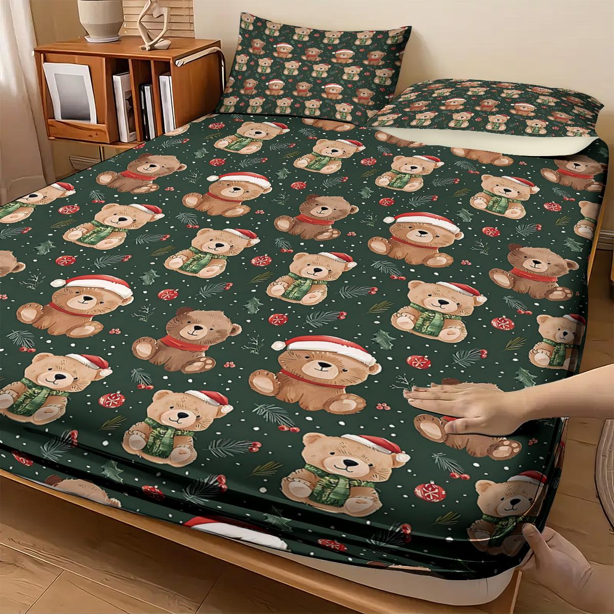 

3 Christmas Teddy Bear Print Coreless Fitted Sheet Set Multiple Size Soft Bedcover Bedroom Bedding Decoreation Machine Washable 90x191cm